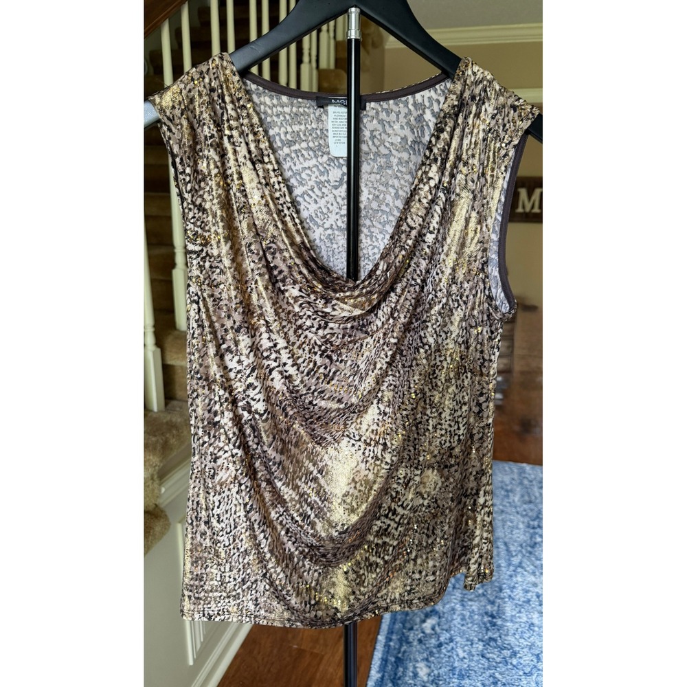 MSK Women Brown Gold Animal Print Sequin Cowl Neck Sleeveless Top NWT L 31989